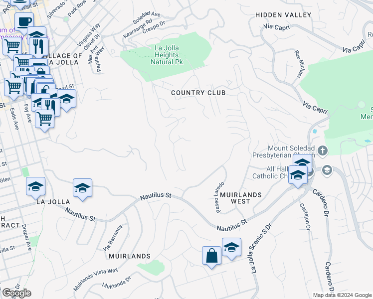 map of restaurants, bars, coffee shops, grocery stores, and more near 7007 Country Club Drive in San Diego