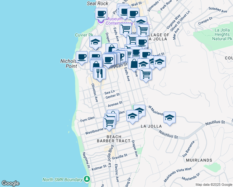 map of restaurants, bars, coffee shops, grocery stores, and more near 630 Genter Street in San Diego