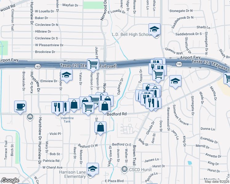 map of restaurants, bars, coffee shops, grocery stores, and more near 117 Oakhurst Court in Hurst