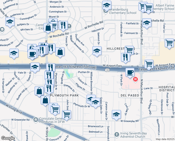 map of restaurants, bars, coffee shops, grocery stores, and more near 1813 Puritan Drive in Irving