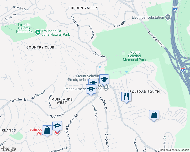 map of restaurants, bars, coffee shops, grocery stores, and more near 6692 La Jolla Scenic South Drive in San Diego