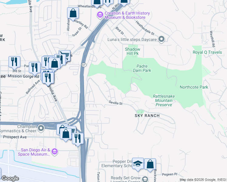 map of restaurants, bars, coffee shops, grocery stores, and more near 1807 Calabria Street in Santee