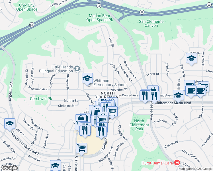 map of restaurants, bars, coffee shops, grocery stores, and more near 5020 Caywood Street in San Diego
