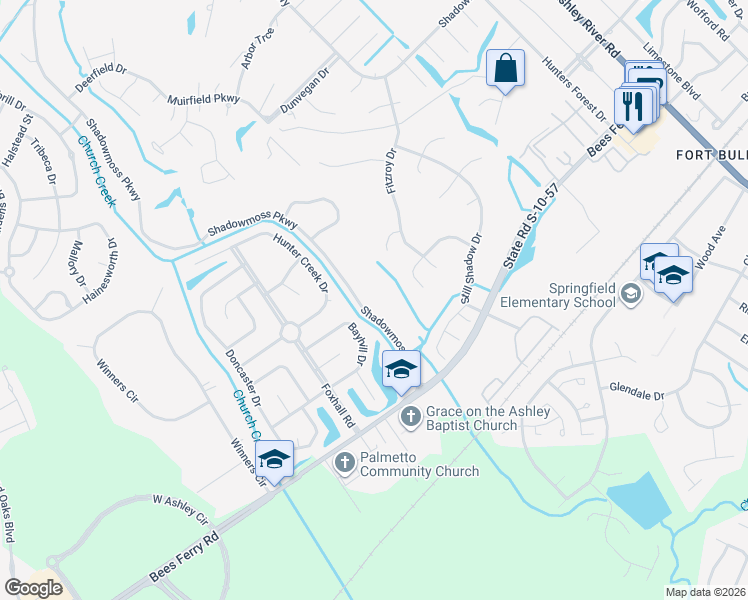 map of restaurants, bars, coffee shops, grocery stores, and more near 495 Shadowmoss Parkway in Charleston