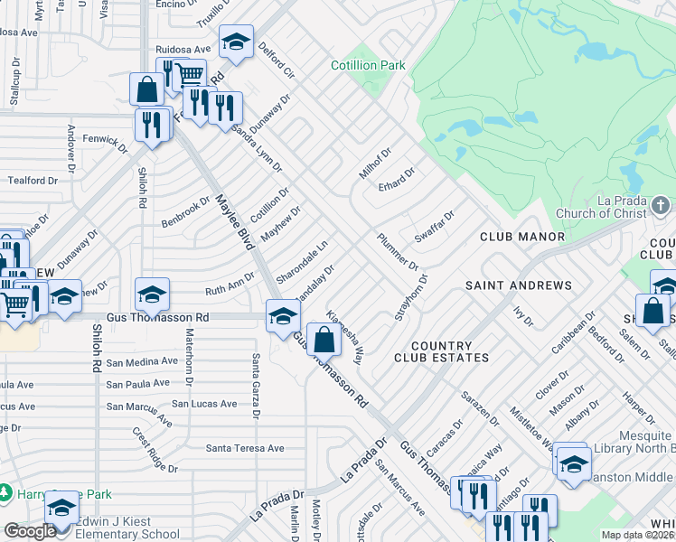 map of restaurants, bars, coffee shops, grocery stores, and more near 10858 Mandalay Drive in Dallas