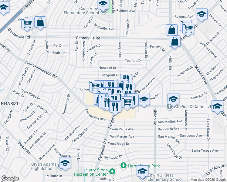 map of restaurants, bars, coffee shops, grocery stores, and more near 2362 Dunloe Avenue in Dallas