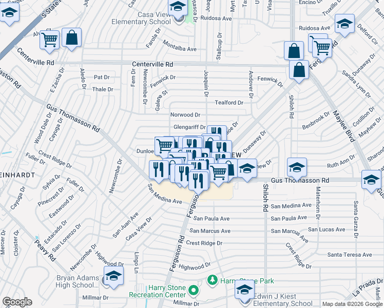 map of restaurants, bars, coffee shops, grocery stores, and more near 2326 Dunloe Drive in Dallas