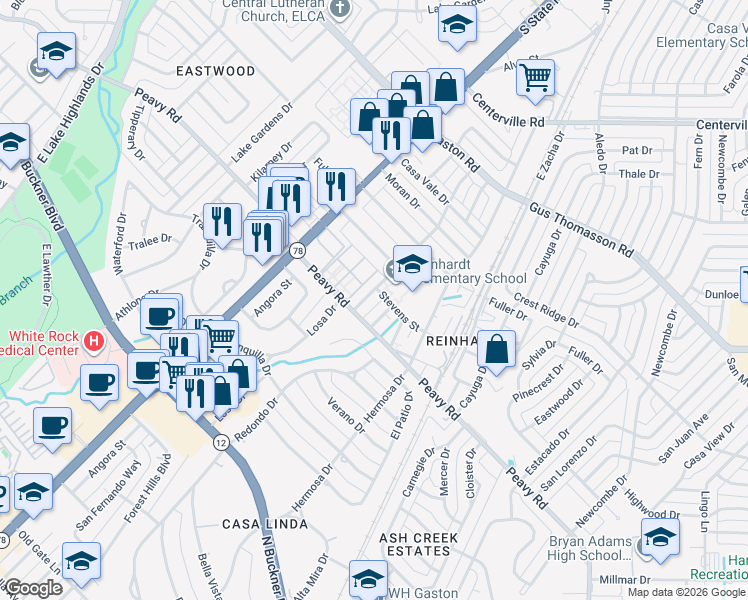map of restaurants, bars, coffee shops, grocery stores, and more near 10024 Losa Drive in Dallas