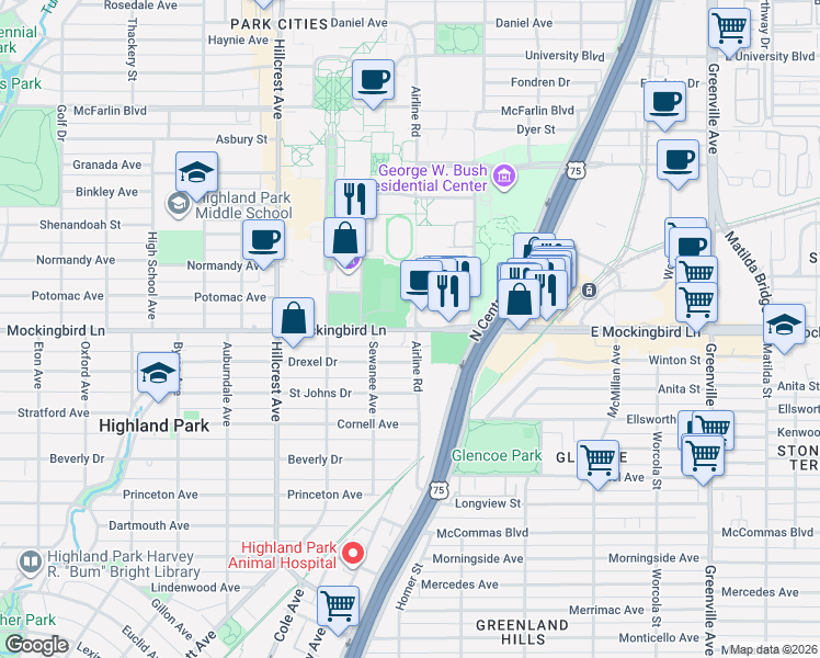 map of restaurants, bars, coffee shops, grocery stores, and more near 3021 Mockingbird Lane in Dallas