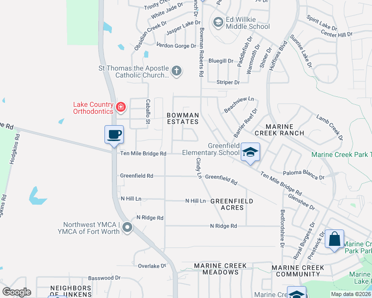 map of restaurants, bars, coffee shops, grocery stores, and more near 6216 Ten Mile Bridge Road in Fort Worth