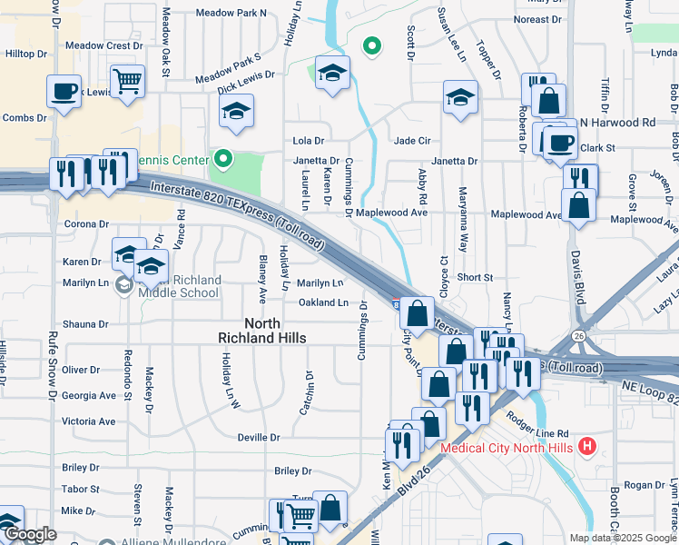 map of restaurants, bars, coffee shops, grocery stores, and more near 7310 Northeast Loop 820 in North Richland Hills