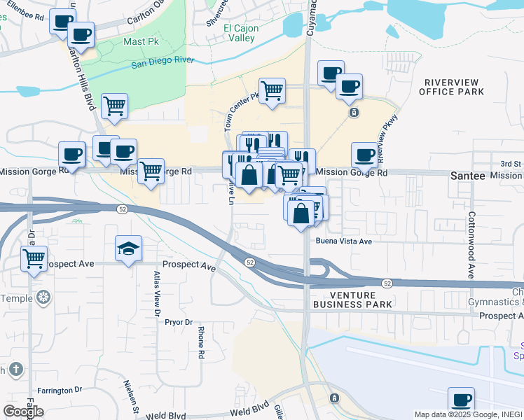 map of restaurants, bars, coffee shops, grocery stores, and more near 9652 Maccool Lane in Santee