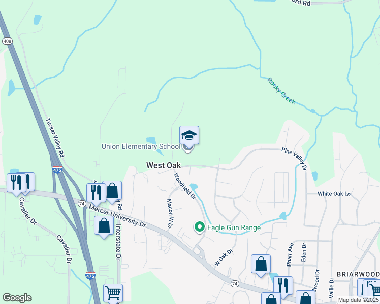 map of restaurants, bars, coffee shops, grocery stores, and more near 4831 Mamie Carter Drive in Macon