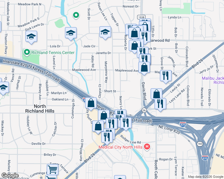 map of restaurants, bars, coffee shops, grocery stores, and more near 4901 Susan Lee Lane in Fort Worth