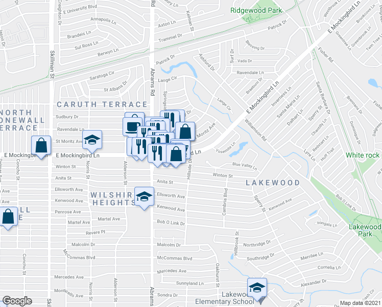 map of restaurants, bars, coffee shops, grocery stores, and more near East Mockingbird Lane & Hillside Drive in Dallas