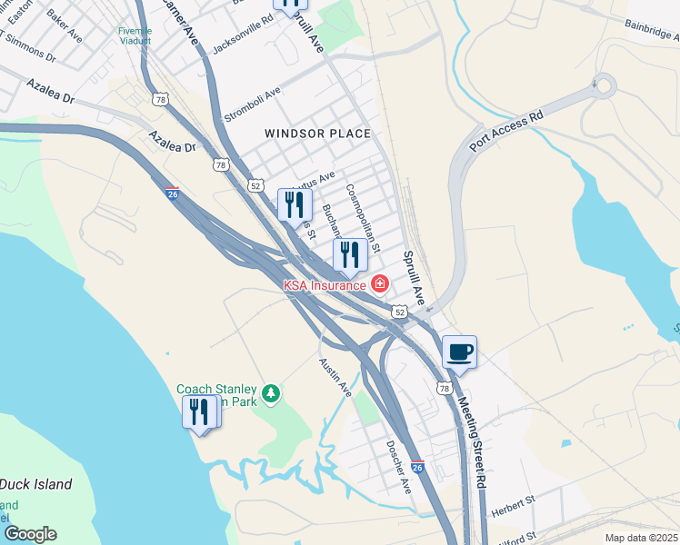 map of restaurants, bars, coffee shops, grocery stores, and more near 2230 Meeting Street Road in North Charleston