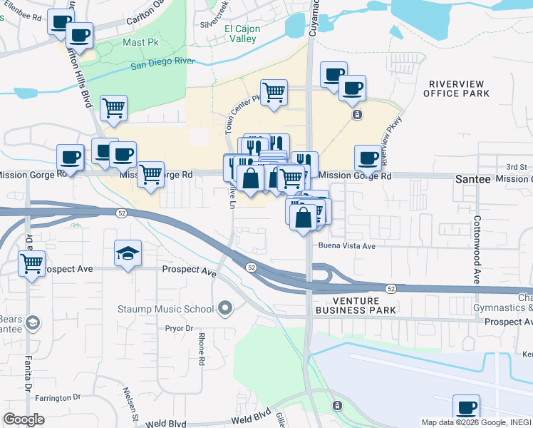 map of restaurants, bars, coffee shops, grocery stores, and more near 9664 Maccool Lane in Santee