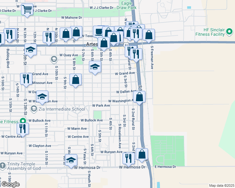 map of restaurants, bars, coffee shops, grocery stores, and more near 602 South Roselawn Avenue in Artesia