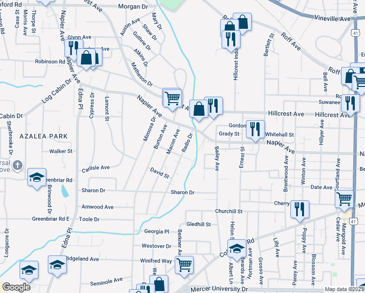 map of restaurants, bars, coffee shops, grocery stores, and more near 1071 Radio Drive in Macon