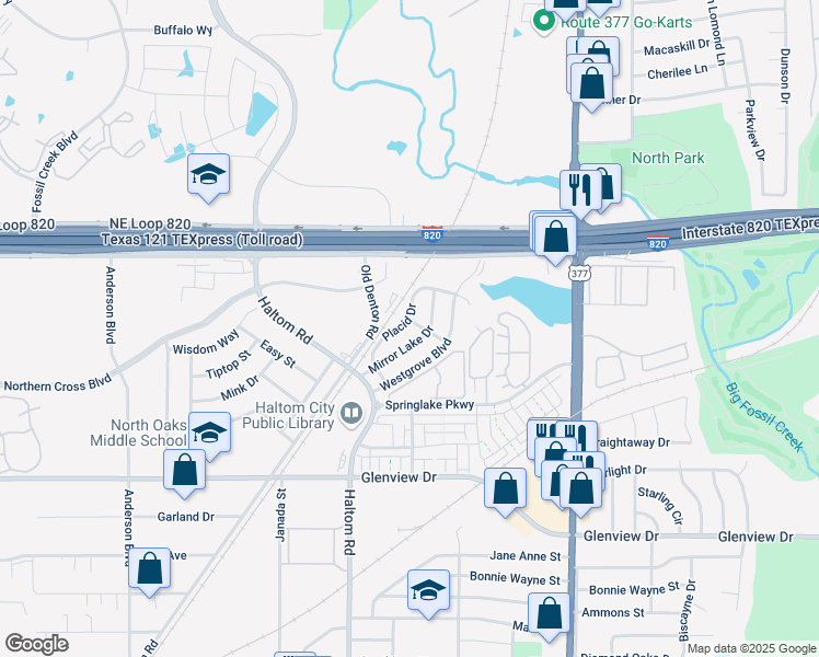 map of restaurants, bars, coffee shops, grocery stores, and more near 5149 Mirror Lake Drive in Haltom City