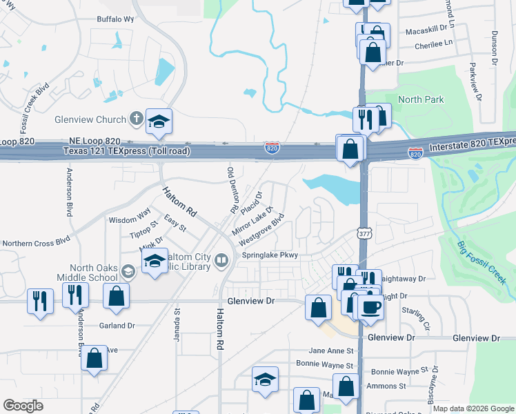 map of restaurants, bars, coffee shops, grocery stores, and more near 5149 Mirror Lake Drive in Haltom City