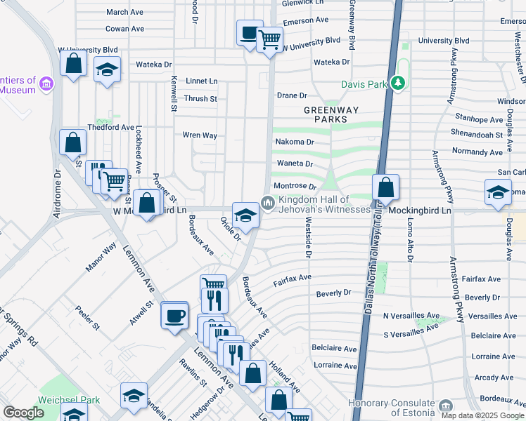 map of restaurants, bars, coffee shops, grocery stores, and more near Inwood Rd & W Mockingbird Ln in Dallas
