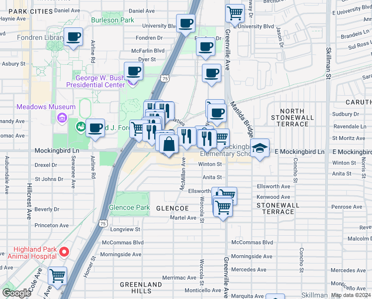 map of restaurants, bars, coffee shops, grocery stores, and more near 5527 East Mockingbird Lane in Dallas
