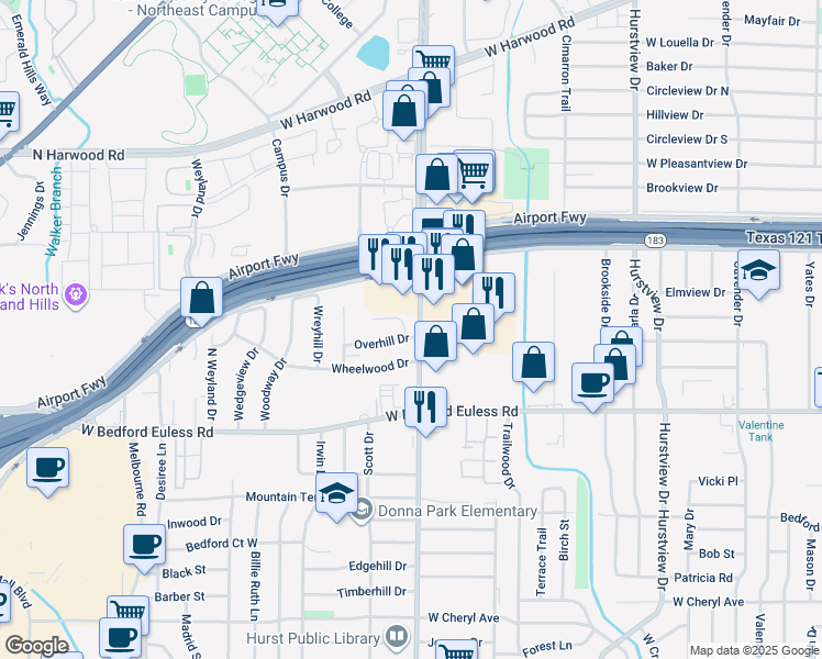 map of restaurants, bars, coffee shops, grocery stores, and more near 800 Overhill Court in Hurst