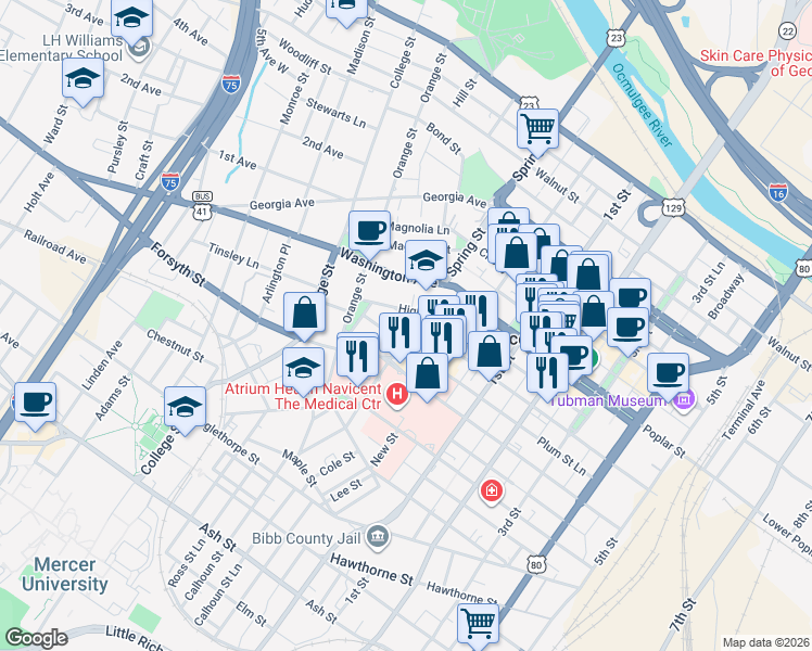 map of restaurants, bars, coffee shops, grocery stores, and more near 870 High Street in Macon