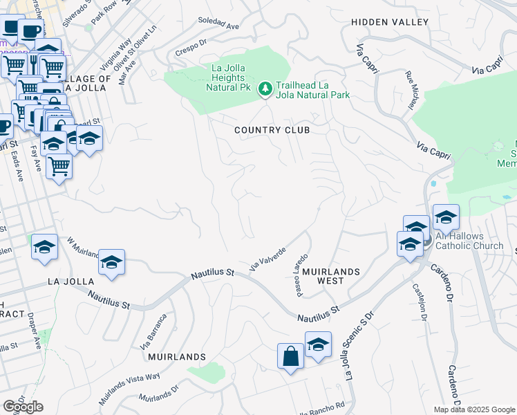 map of restaurants, bars, coffee shops, grocery stores, and more near 7007 Country Club Drive in San Diego