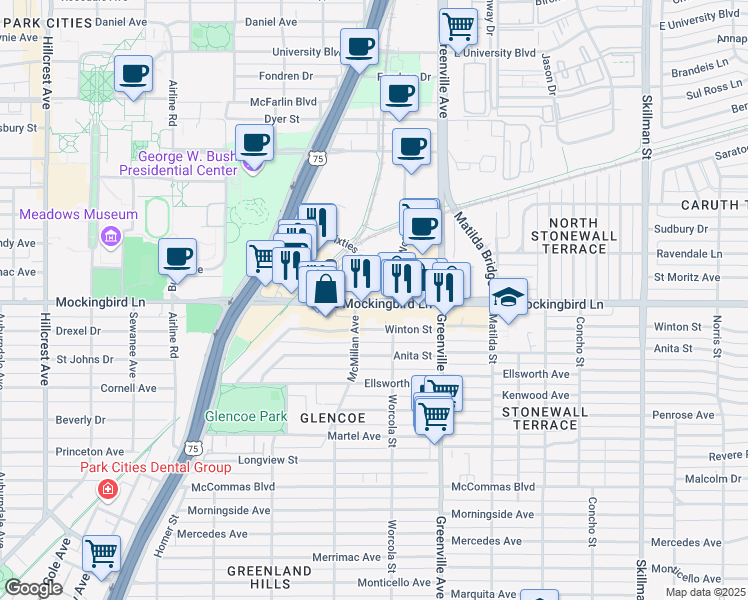 map of restaurants, bars, coffee shops, grocery stores, and more near 5557 East Mockingbird Lane in Dallas