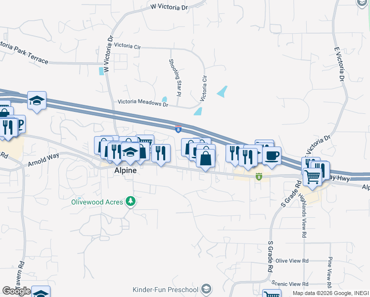 map of restaurants, bars, coffee shops, grocery stores, and more near 2400 Alpine Boulevard in Alpine