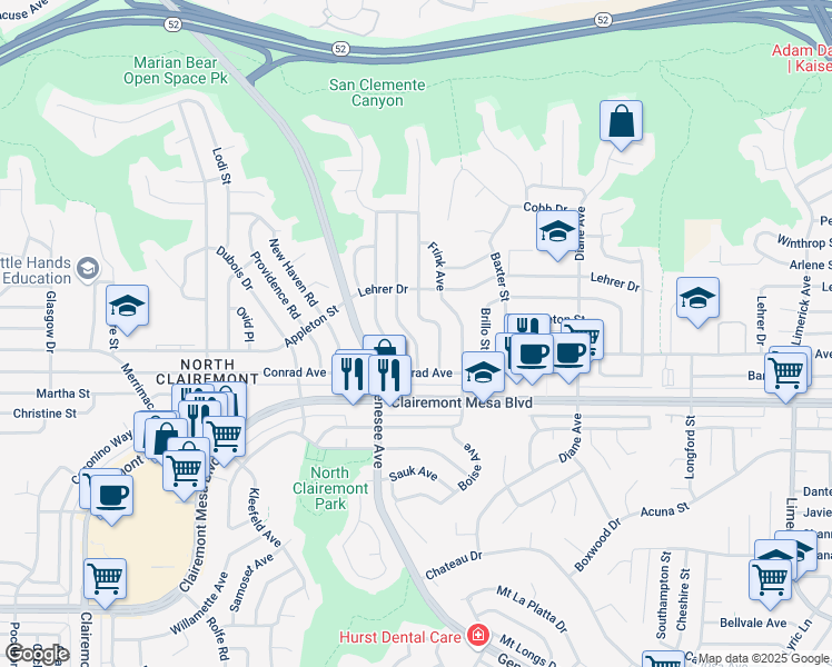 map of restaurants, bars, coffee shops, grocery stores, and more near 4985 Rebel Road in San Diego