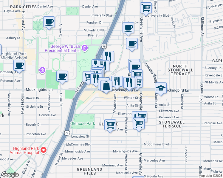 map of restaurants, bars, coffee shops, grocery stores, and more near 5475 East Mockingbird Lane in Dallas