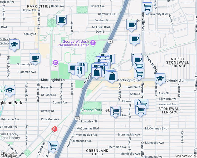 map of restaurants, bars, coffee shops, grocery stores, and more near 4201 Homer Street in Dallas