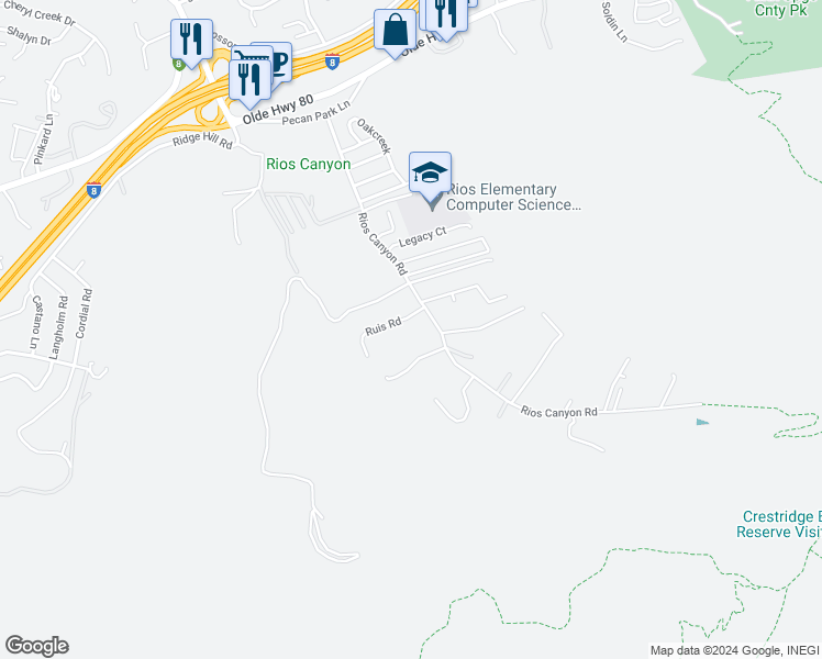 map of restaurants, bars, coffee shops, grocery stores, and more near 14357 Ruis Road in El Cajon