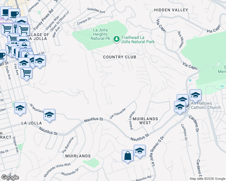 map of restaurants, bars, coffee shops, grocery stores, and more near 7007 Country Club Drive in San Diego