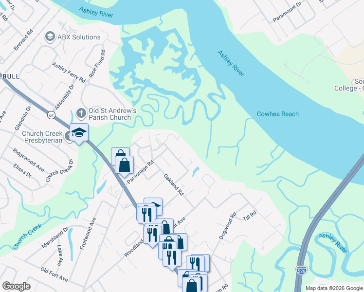 map of restaurants, bars, coffee shops, grocery stores, and more near 2342 Parsonage Road in Charleston