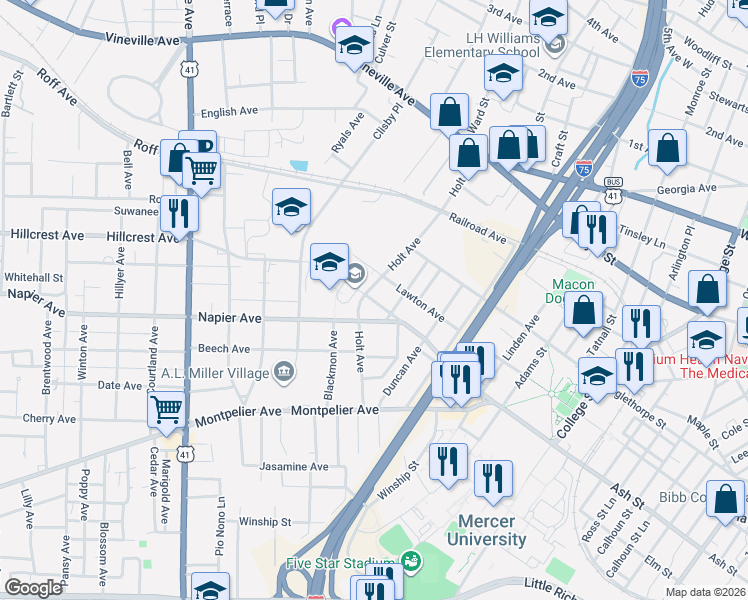 map of restaurants, bars, coffee shops, grocery stores, and more near 1008 Holt Avenue in Macon