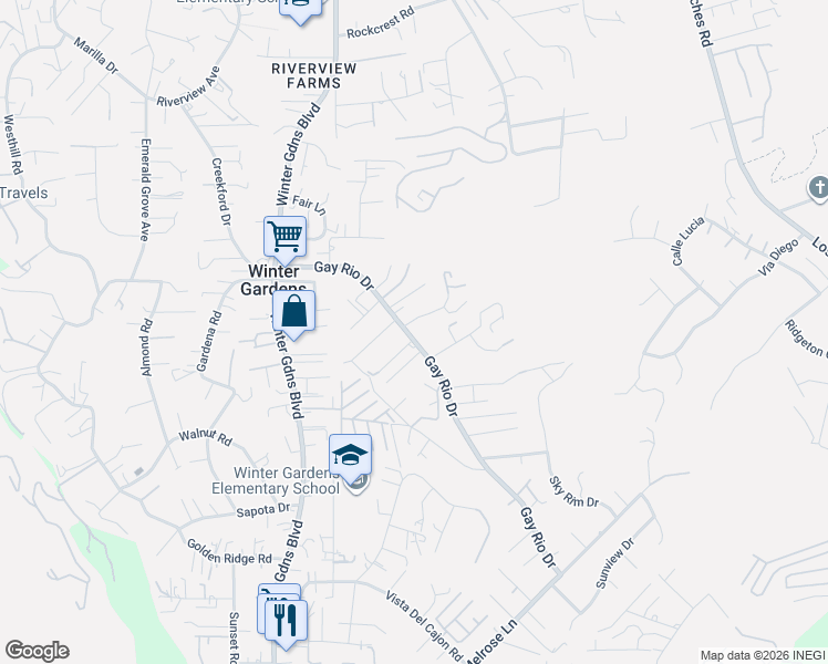 map of restaurants, bars, coffee shops, grocery stores, and more near 12178 Gay Rio Drive in Lakeside