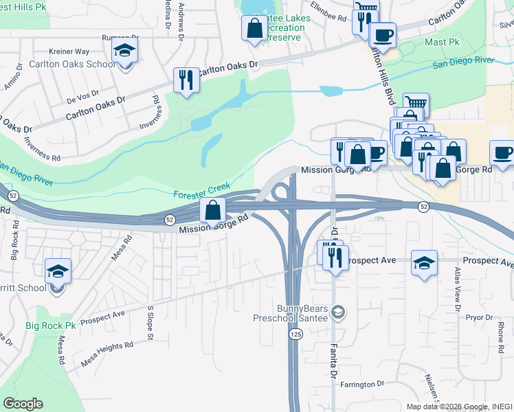 map of restaurants, bars, coffee shops, grocery stores, and more near Mission Gorge Road in Santee