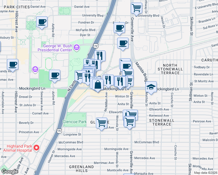 map of restaurants, bars, coffee shops, grocery stores, and more near 5535 East Mockingbird Lane in Dallas