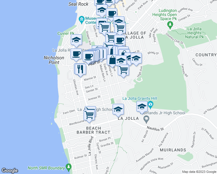 map of restaurants, bars, coffee shops, grocery stores, and more near 765 Genter Street in San Diego