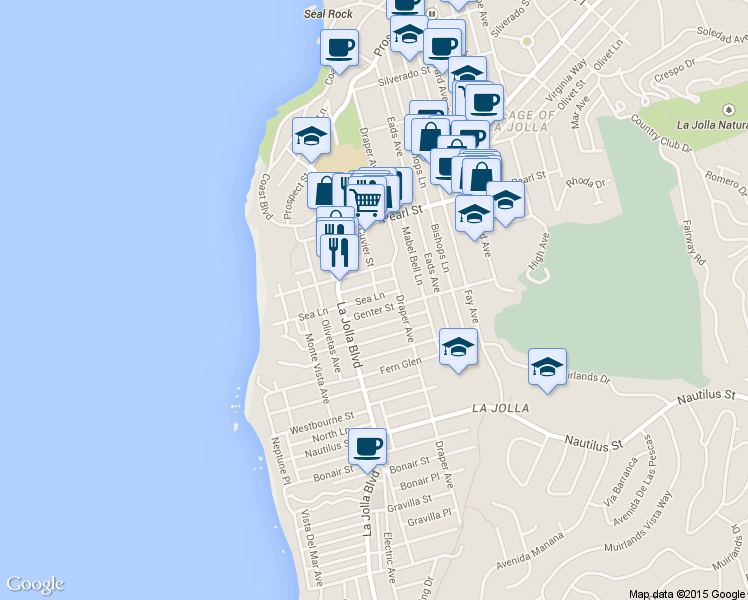 map of restaurants, bars, coffee shops, grocery stores, and more near 630 Genter Street in San Diego