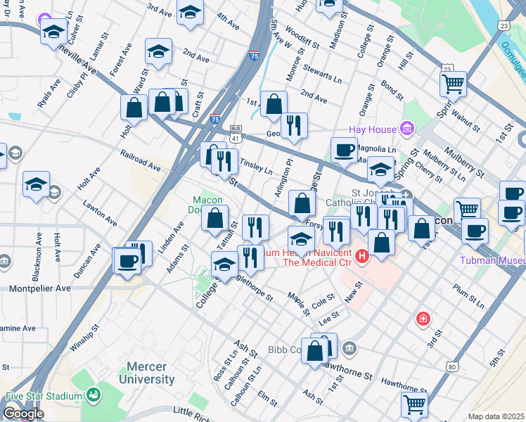 map of restaurants, bars, coffee shops, grocery stores, and more near 780 Progress Street in Macon