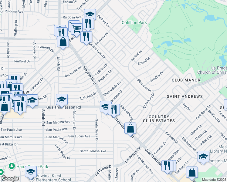 map of restaurants, bars, coffee shops, grocery stores, and more near 10830 Sharondale Lane in Dallas