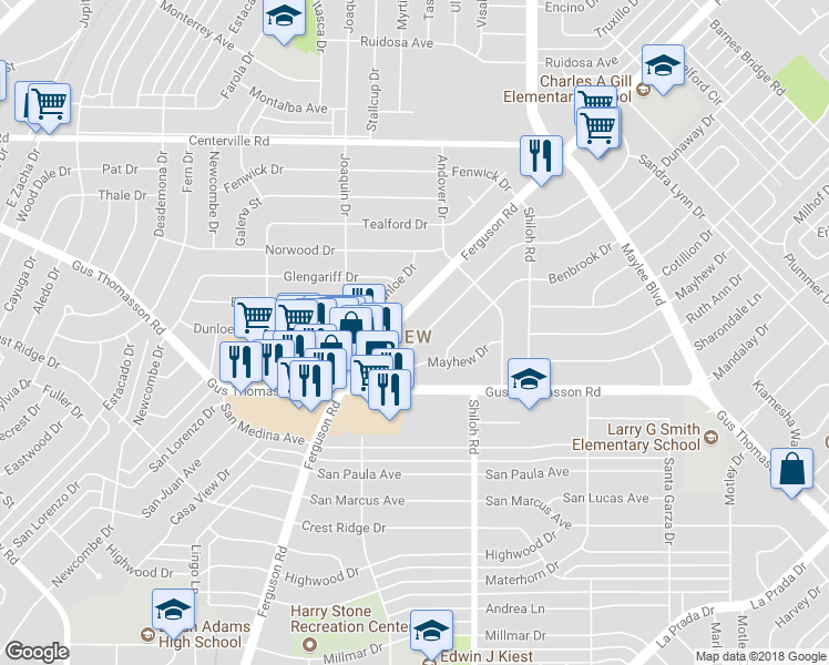 map of restaurants, bars, coffee shops, grocery stores, and more near 10417 Dunaway Drive in Dallas