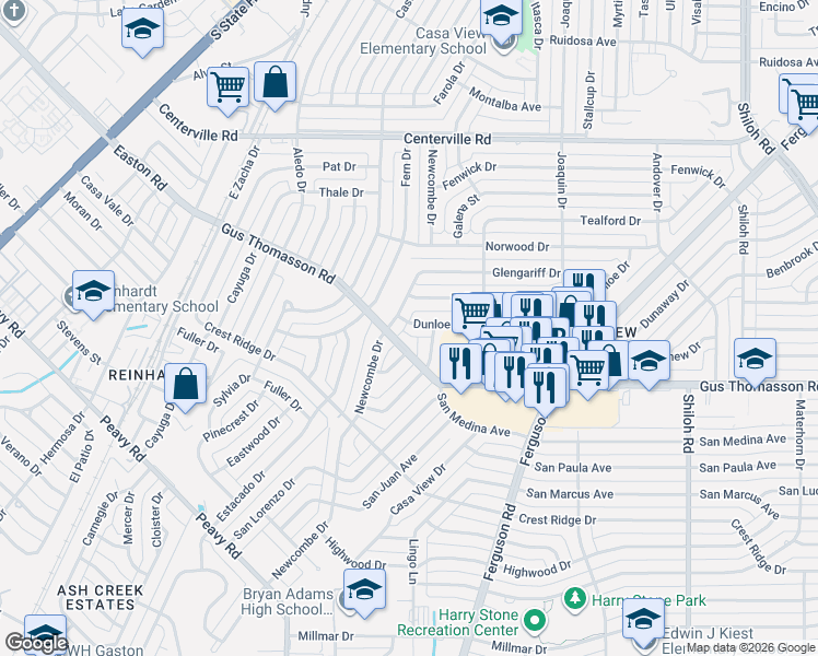 map of restaurants, bars, coffee shops, grocery stores, and more near 2115 Gus Thomasson Road in Dallas
