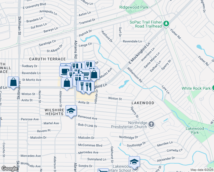 map of restaurants, bars, coffee shops, grocery stores, and more near 6503 Blue Valley Lane in Dallas