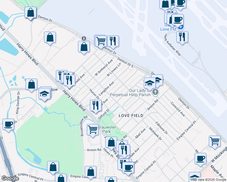 map of restaurants, bars, coffee shops, grocery stores, and more near 2312 Roanoke Avenue in Dallas